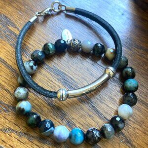 2 for 1 bracelets: black leather silver semiprecious stone